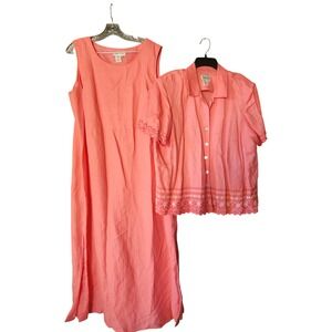 Coldwater Creek Women's Maxi Dress Button Up Top Set Linen Short Sleeve Size 18W